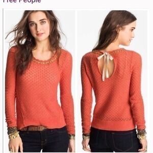Free People pointelle tie back knit sweater size XS rhinestone collar